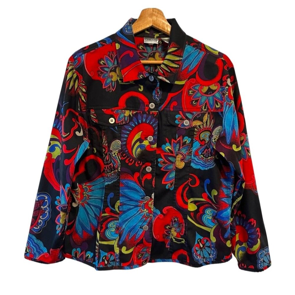 Chico's Women's Black Vibrant Cotton Blend Boho Blazer Size 2, US Large Retro